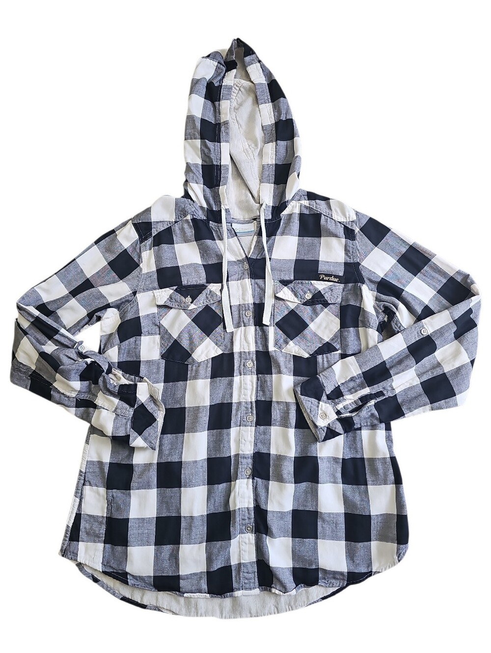 Columbia Purdue Boilermakers Plaid Hooded Button Down Shirt Women's L GUC